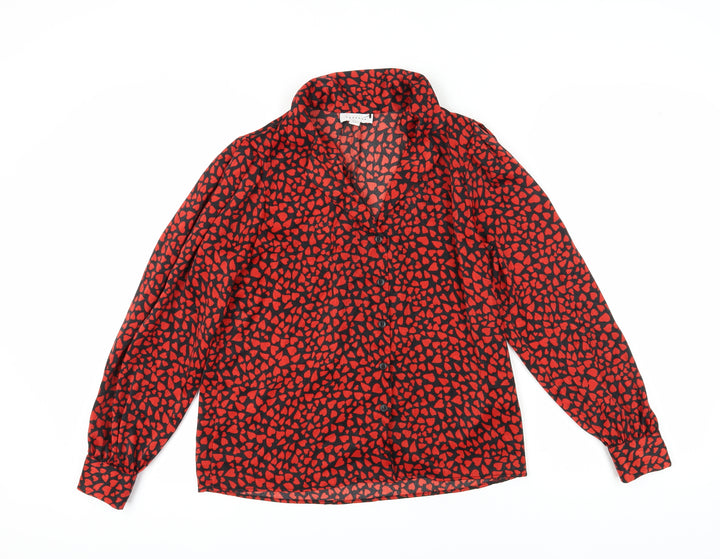 Topshop Women's Red Button-Up Blouse, Size 6, Bold Animal Print