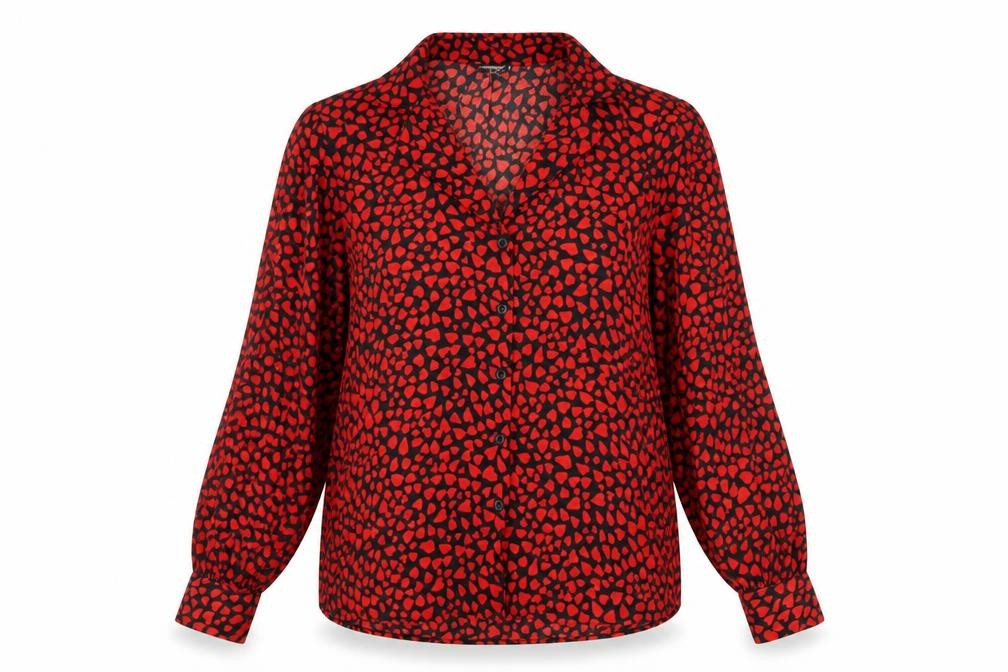 Front view of Topshop Women's Red Button-Up Blouse, size 6, Bold Animal Print