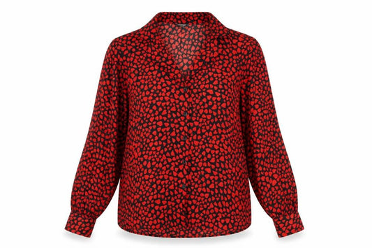 Front view of Topshop Women's Red Button-Up Blouse, size 6, Bold Animal Print