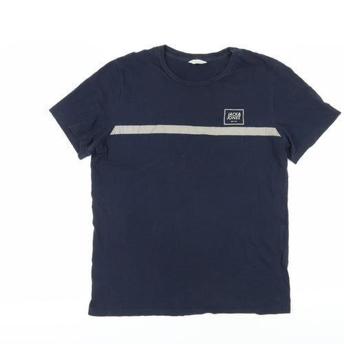 Jack & Jones Men's Blue T-Shirt, Size S, Solid Crew Neck