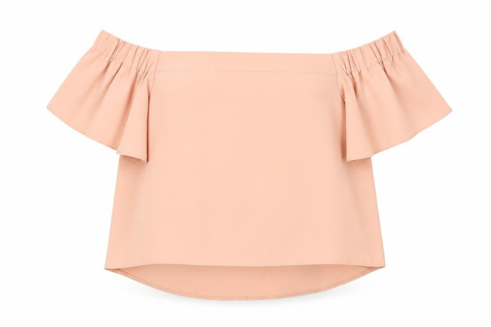 Front view of Topshop Women's Beige Off Shoulder Blouse, size 8