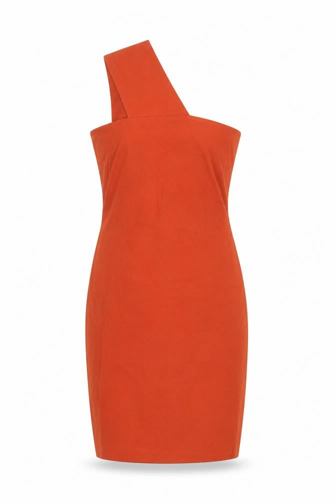 Front view of Vesper Women's Orange Bodycon Dress, size 10, One Shoulder