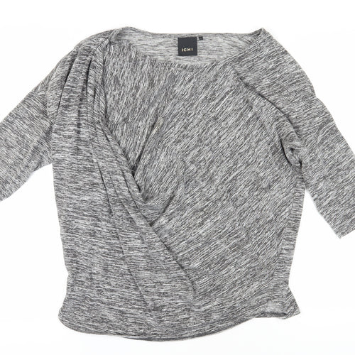 ICHI Women's Grey Knit Top L Round Neck 3/4 Sleeve
