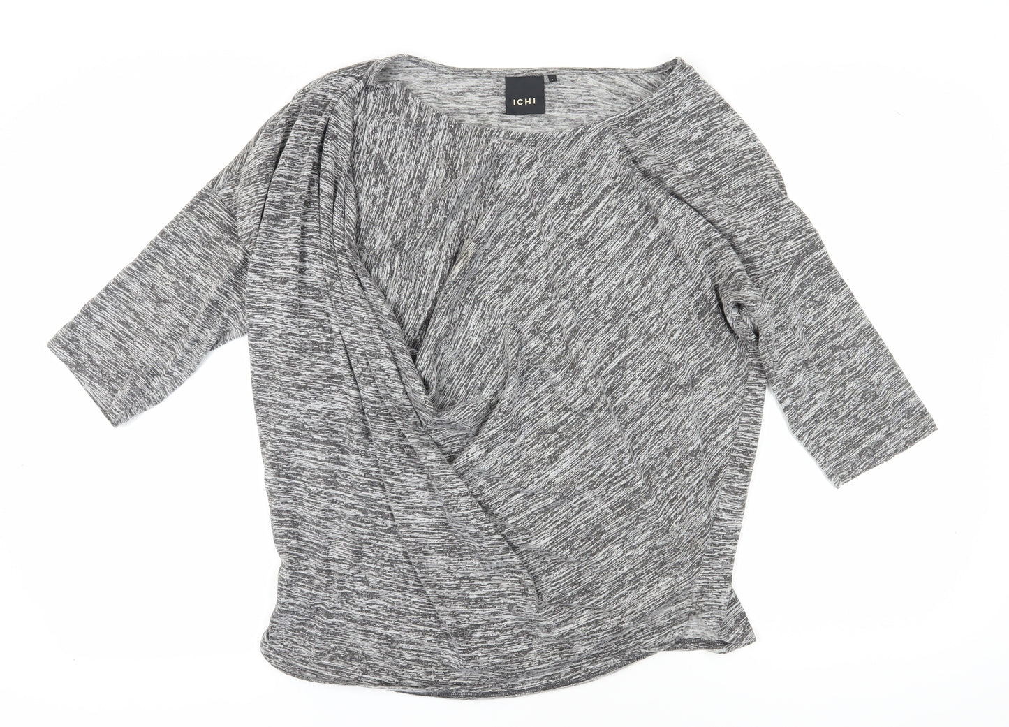 ICHI Women's Grey Knit Top L Round Neck 3/4 Sleeve