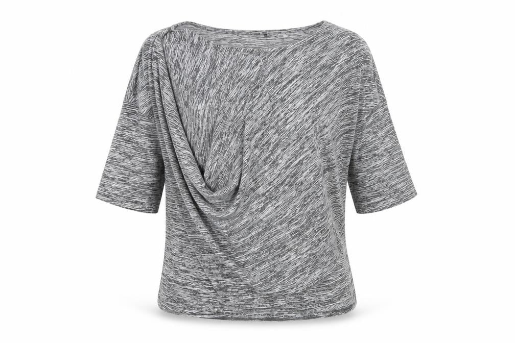 Front view of ICHI Women's Grey Knit Top L Round Neck 3/4 Sleeve