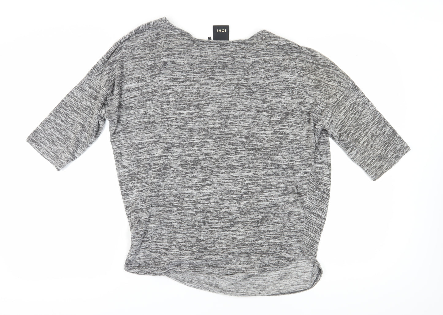 ICHI Women's Grey Knit Top L Round Neck 3/4 Sleeve