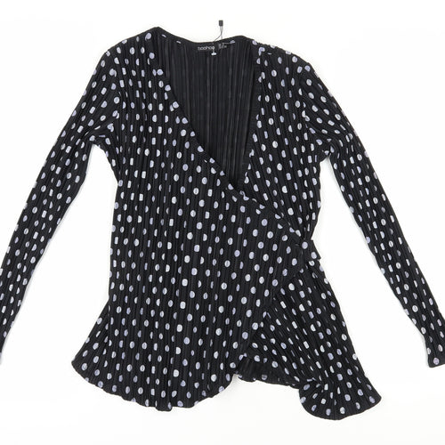 Boohoo Women's Black Wrap Blouse, Size 8, Polka Dot