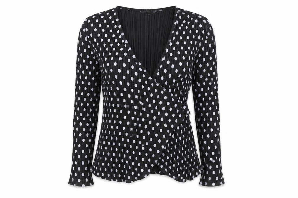 Front view of Boohoo Women's Black Wrap Blouse, size 8, Polka Dot