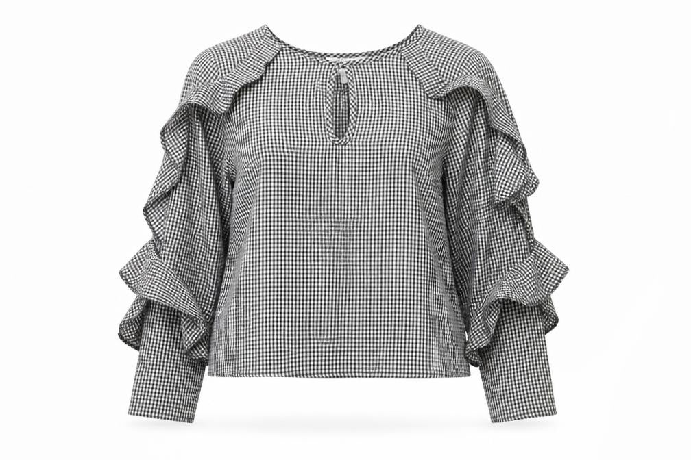 Front view of Miss Selfridge Women's Black Check Ringer Blouse -, size 8