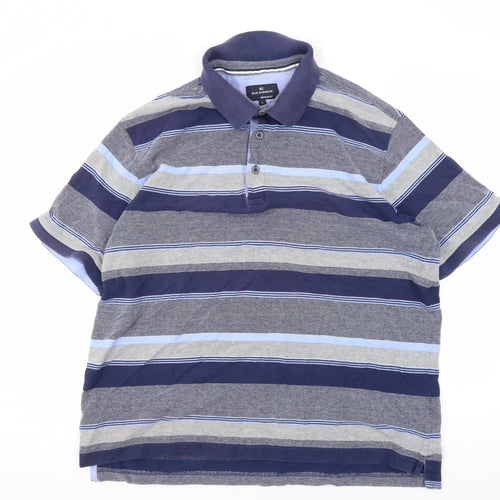 Marks and Spencer Men's Blue Striped Polo Shirt L