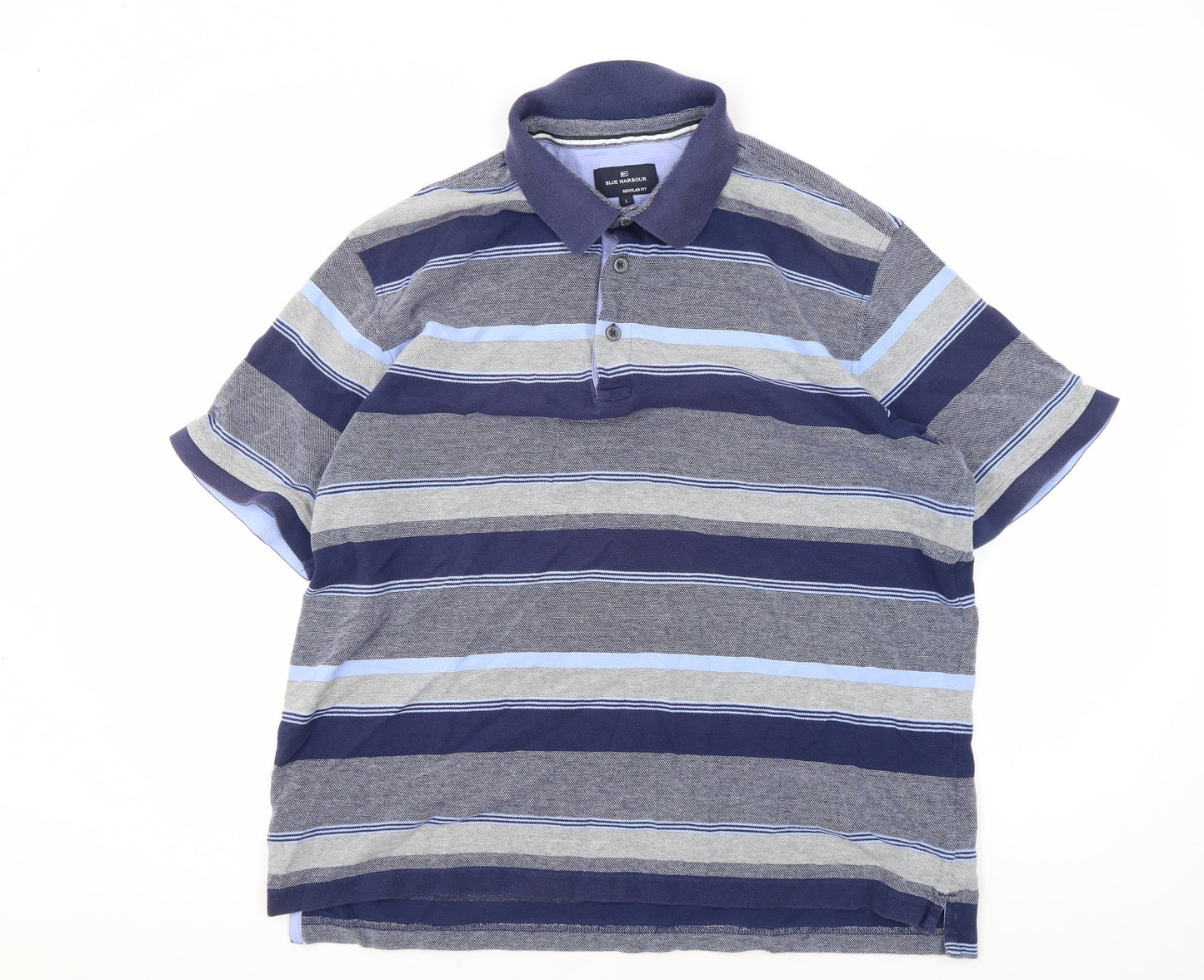 Marks and Spencer Men's Blue Striped Polo Shirt L