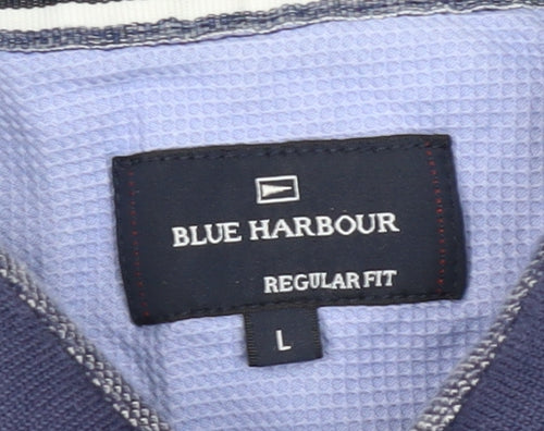 Marks and Spencer Men's Blue Striped Polo Shirt L