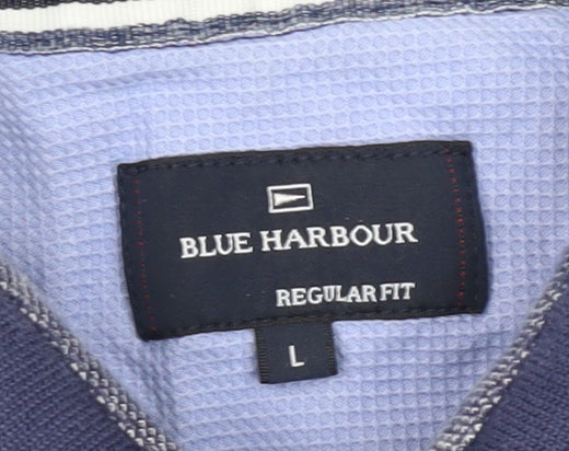 Marks and Spencer Men's Blue Striped Polo Shirt L