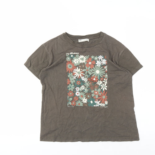 Pull&Bear Women's Brown Floral T-Shirt XS Retro Style