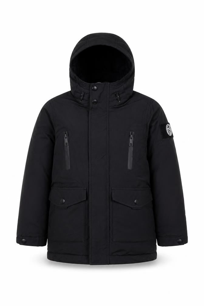 Front view of Matalan boys’ black hooded parka jacket 6 years