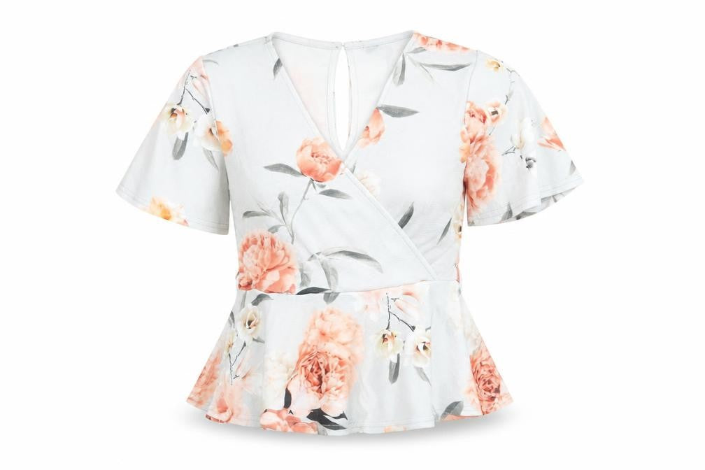 Front view of Quiz Women's Multicoloured Floral Wrap Blouse, size 12
