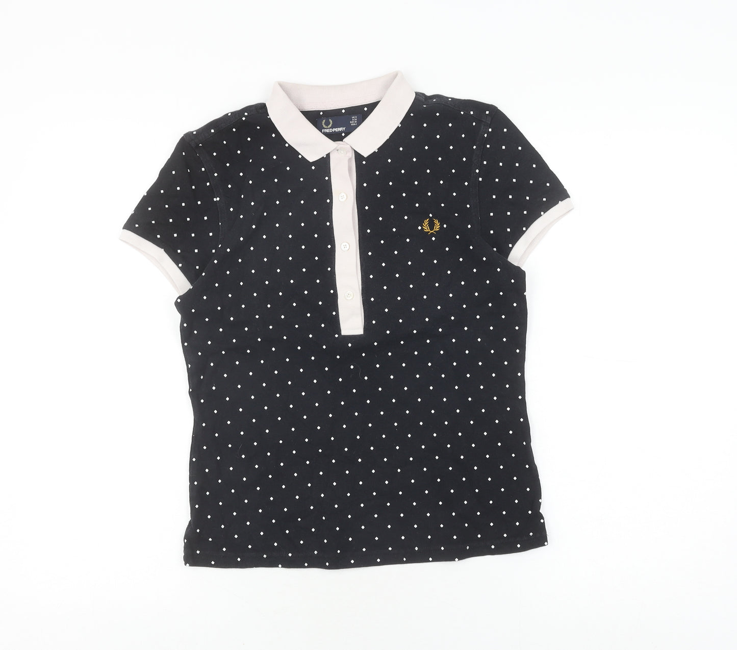 Fred Perry Women's Black Polo Shirt, Size 8, Polka Dot Design