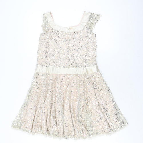 Monsoon Girls Beige Sequin A-Line Party Dress, Size 8-9
