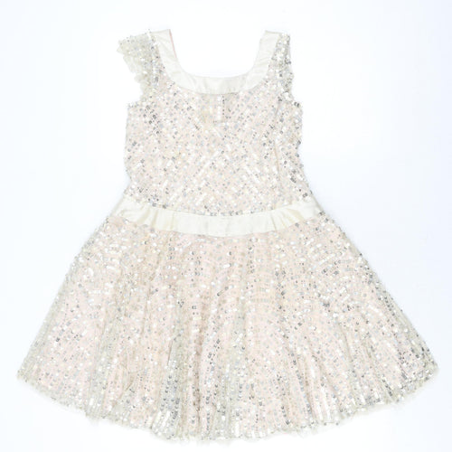 Monsoon Girls Beige Sequin A-Line Party Dress, Size 8-9