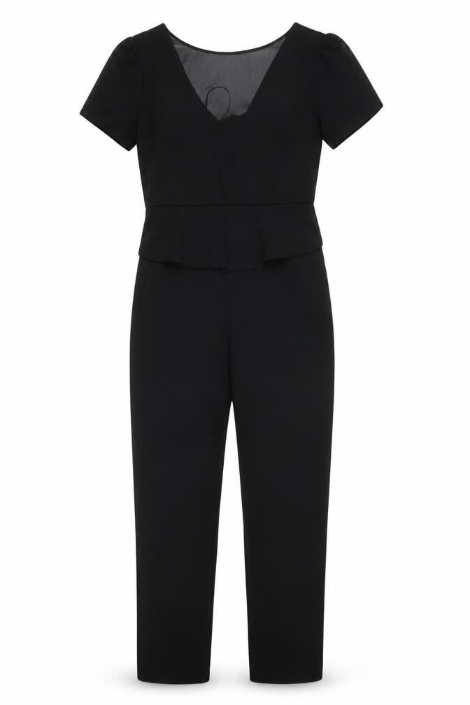 Front view of Oasis Women's Black Jumpsuit, size 10, V-Neck Elegant Style
