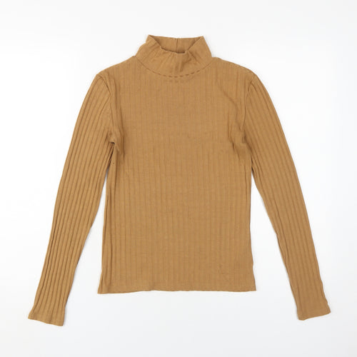 Topshop Women's Brown Long Sleeve Slim Fit High Neck Top