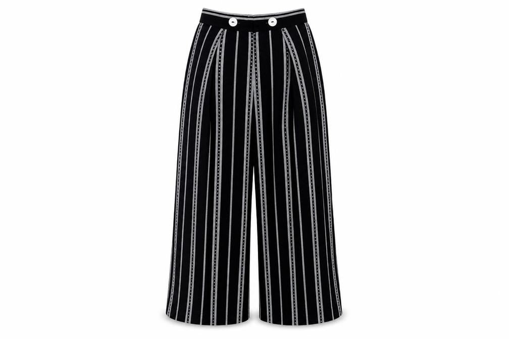 Topshop Women's Black Wide-Leg Striped Trousers, Size 8