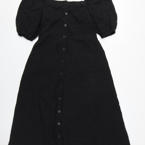 H&M Women's Black Cotton A-Line Midi Dress Size 12