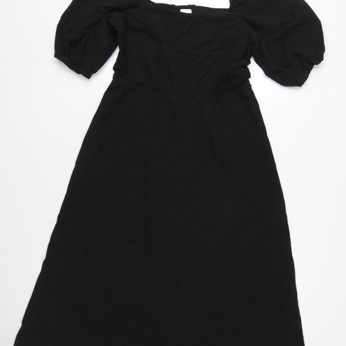 H&M Women's Black Cotton A-Line Midi Dress Size 12