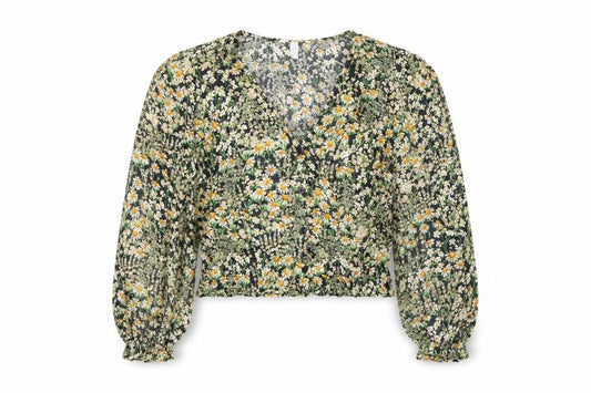 Front view of H&M Women's Floral Cropped Blouse, UK L, Viscose