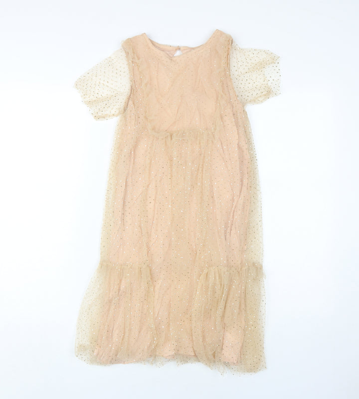 Zara Kids Beige Midi A-Line Party Dress, Age 11-12, Sparkling Delight