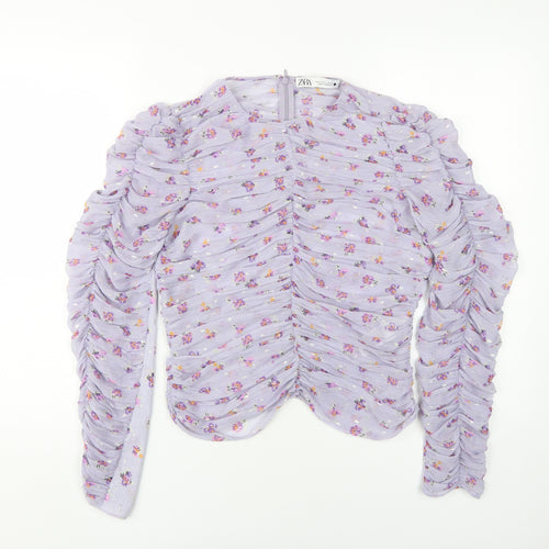 Zara Women's Purple Floral Cropped Blouse, S