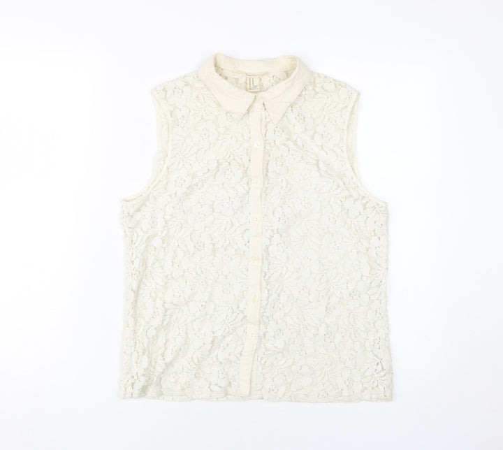 Forever 21 Women's Beige Lace Sleeveless Collared Blouse