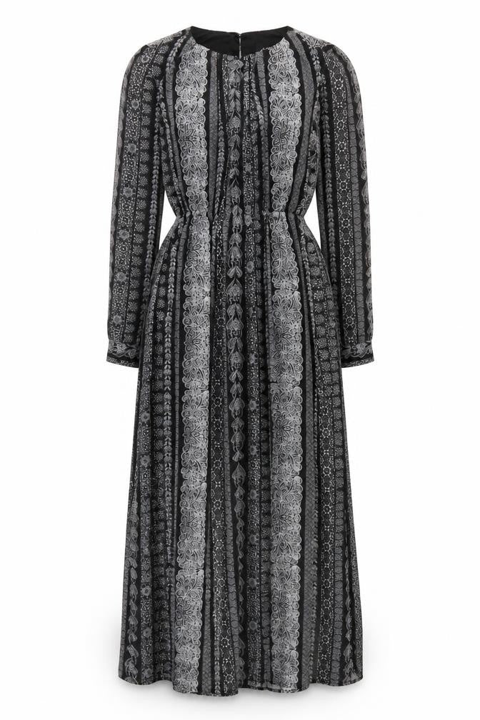 Front view of Monki Women's Black Geometric A-Line Midi Dress