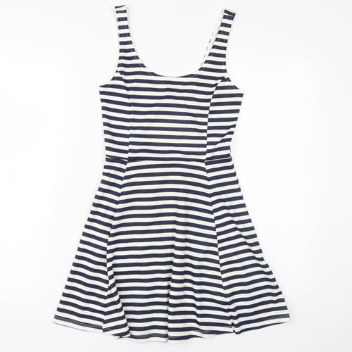 H&M Women's White Striped Skater Dress Size 8