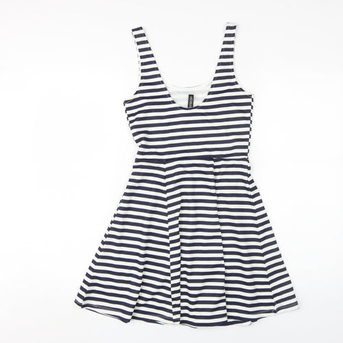 H&M Women's White Striped Skater Dress Size 8
