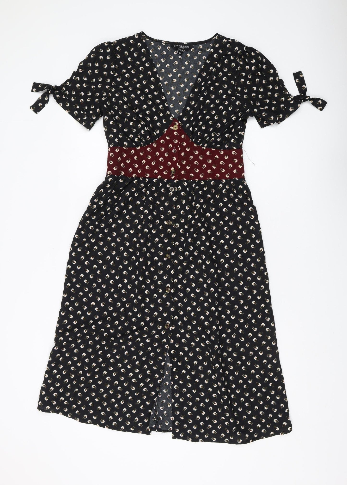 Brave Soul Women's Black Floral V-Neck Midi Dress XS