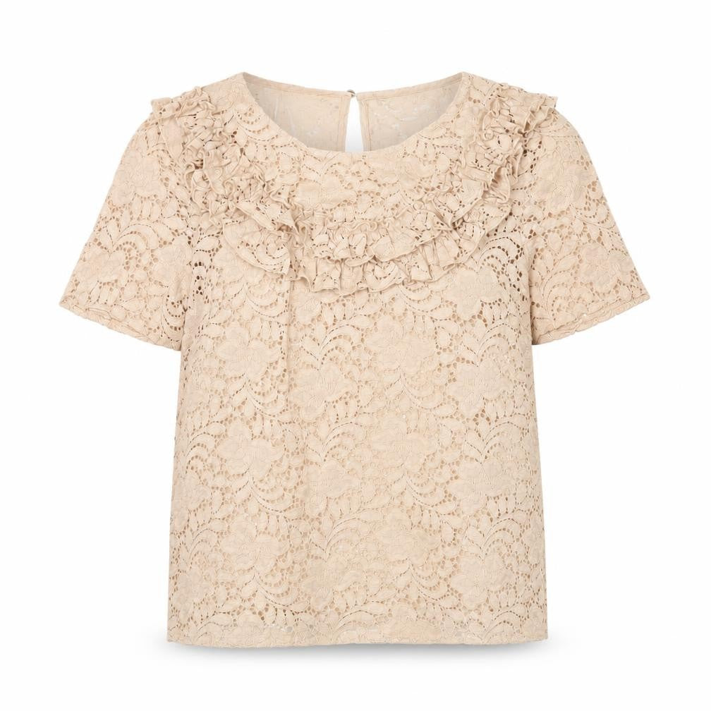 Front view of Zara Women's Beige Lace Blouse S, Ruffle Detail