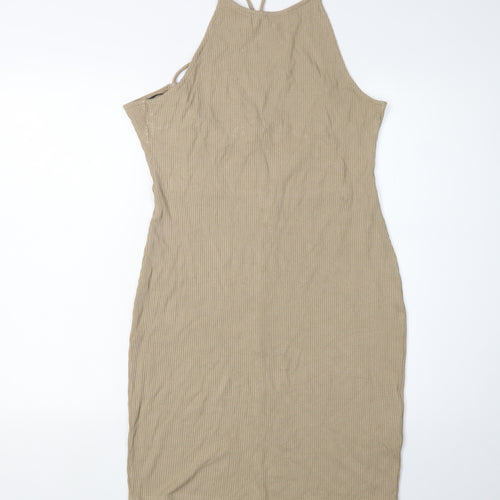 H&M Women’s Beige Knit Bodycon Midi Dress, L, Halter Neck