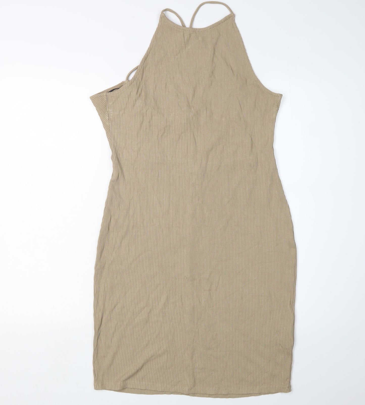 H&M Women’s Beige Knit Bodycon Midi Dress, L, Halter Neck