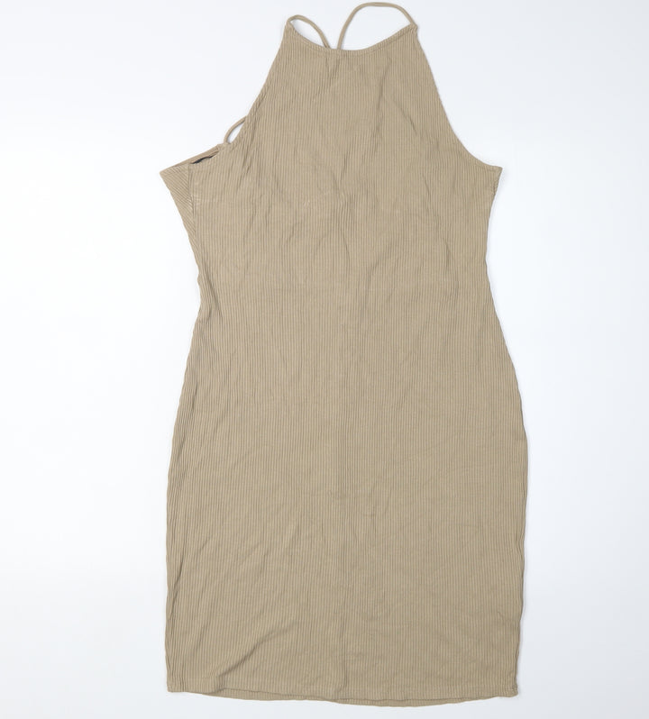 H&M Women’s Beige Knit Bodycon Midi Dress, L, Halter Neck