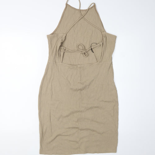 H&M Women’s Beige Knit Bodycon Midi Dress, L, Halter Neck