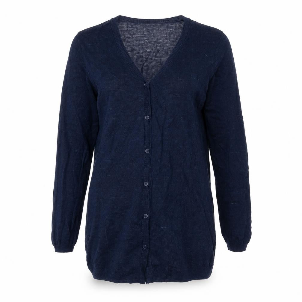 Front view of Laura Ashley Women's Blue V-Neck Cardigan, size 10