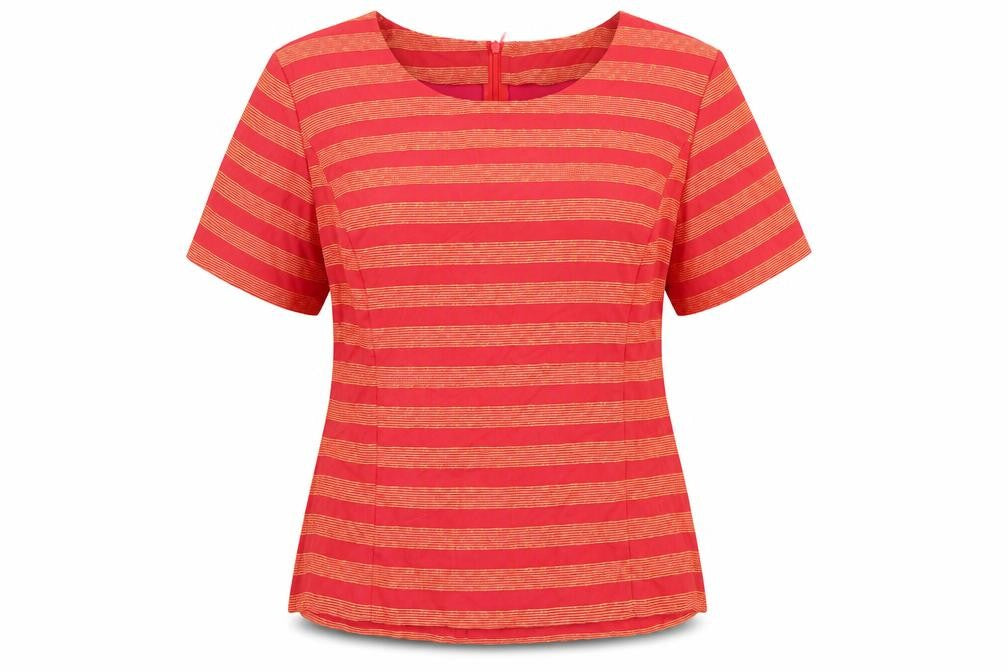 Front view of Toypes Women's Red Striped Jersey Short Sleeve Top