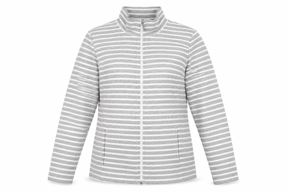 Front view of Afibel Women's Grey White Striped Jacket, size 10/12