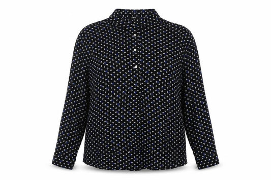 Front view of Next Women's Black Geometric Button-Up Shirt, size 12