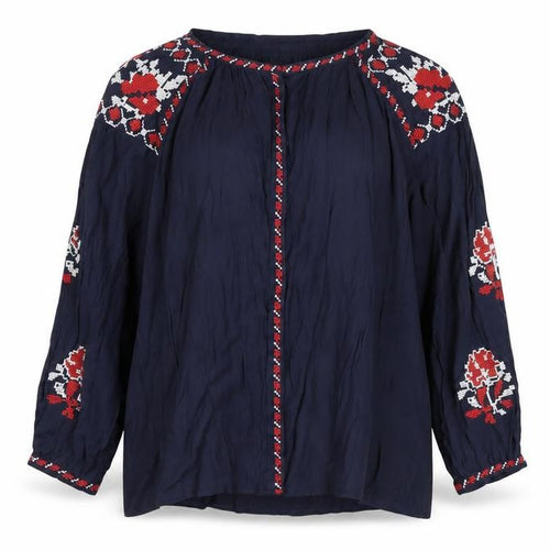 Cotton Club Women's Blue Tunic Blouse S 3/4 Sleeve