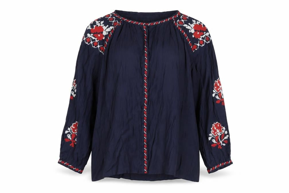 Cotton Club Women's Blue Tunic Blouse S 3/4 Sleeve