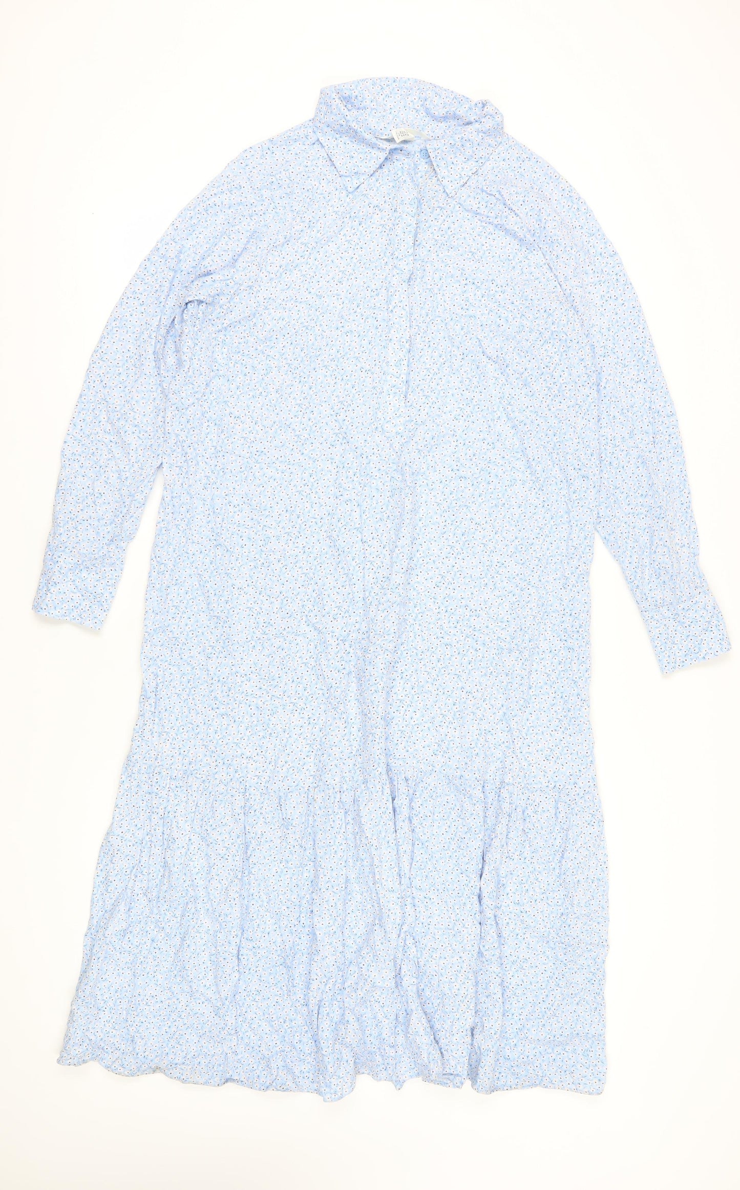 H&M Women's Blue Floral Midi Shirt Dress, M