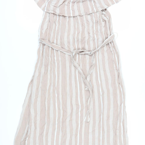 ICHI Women's Beige Striped Off Shoulder Midi Dress L