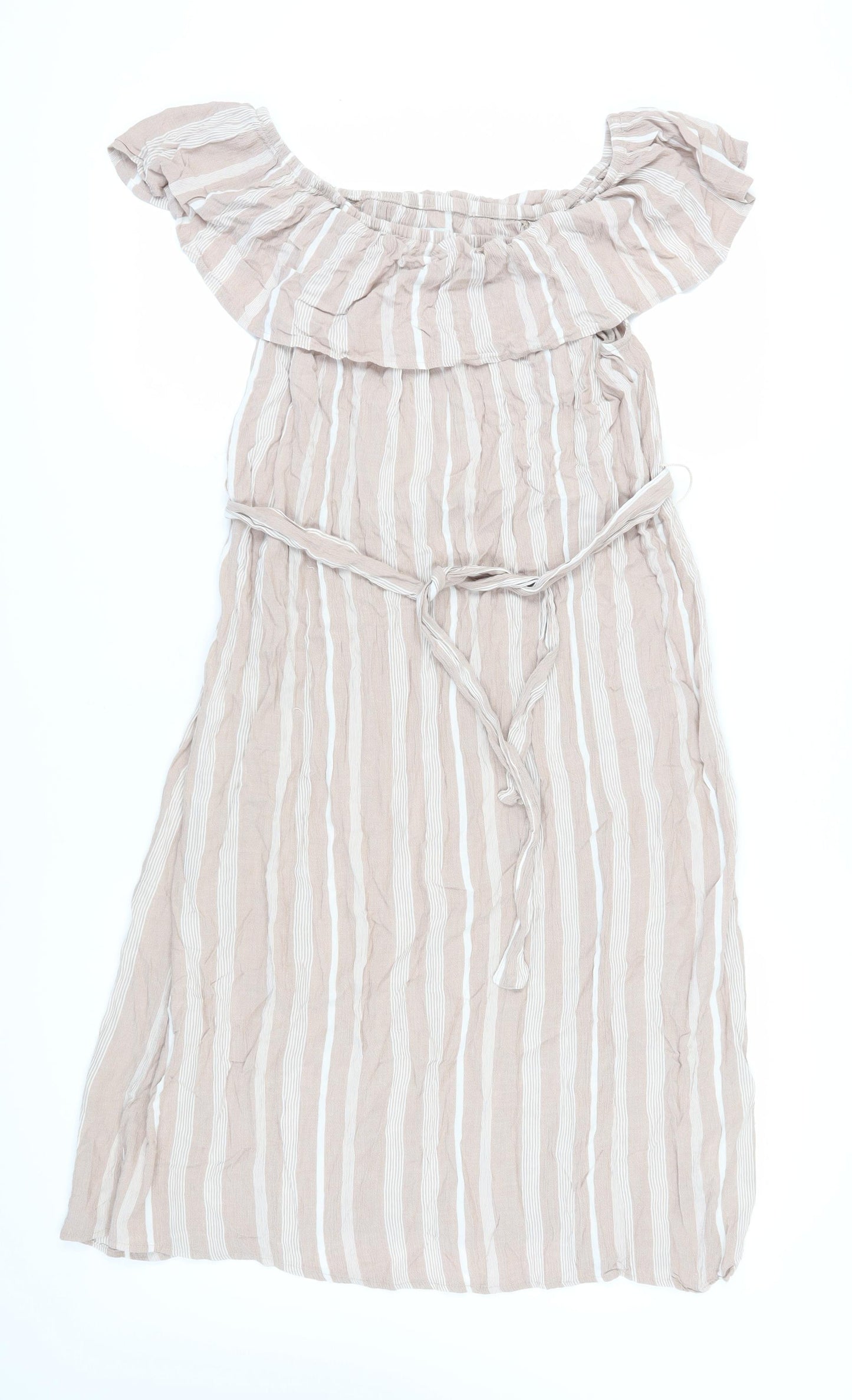 ICHI Women's Beige Striped Off Shoulder Midi Dress L